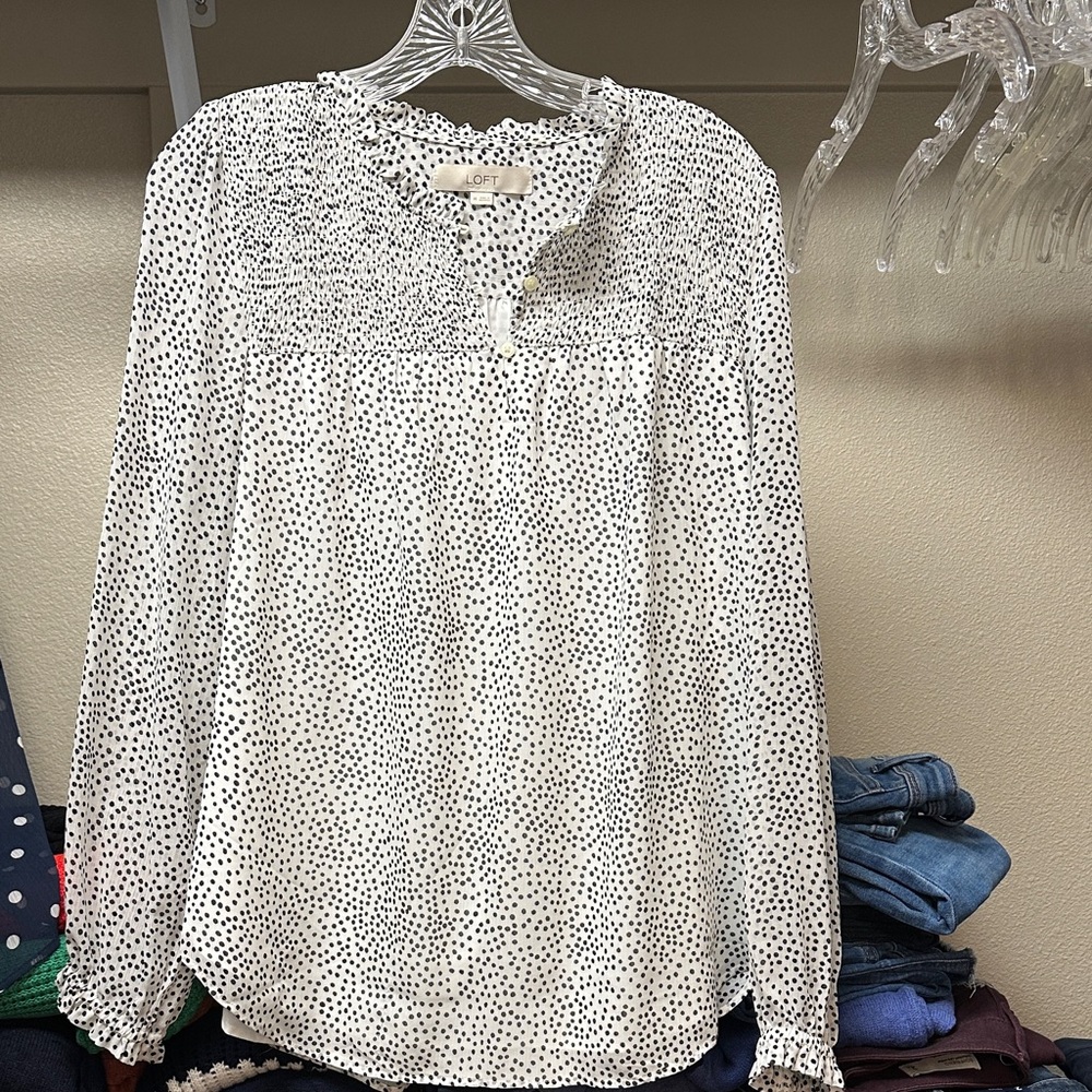 LOFT Women's White Blouse with Black Dots